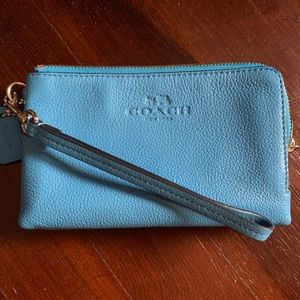 Coach Mini Light Blue Wristlet w/double zipper